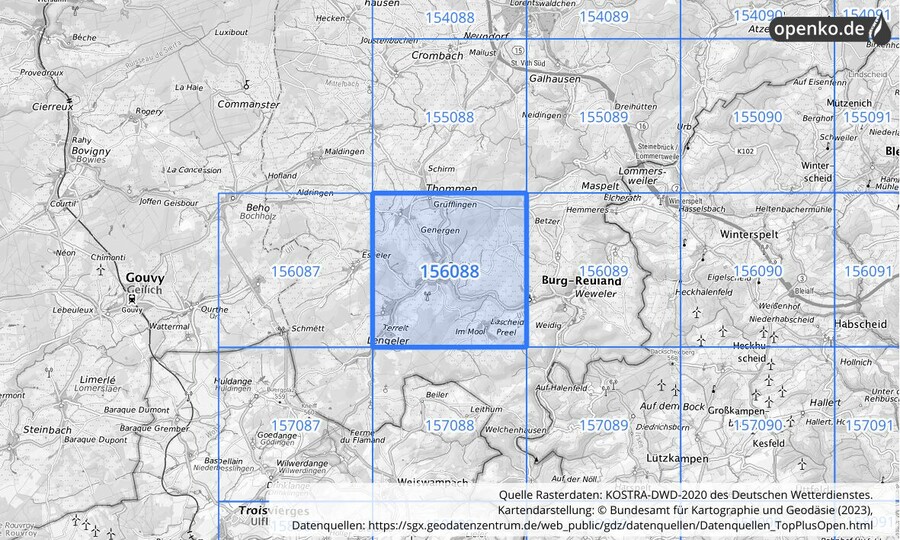 Übersichtskarte des KOSTRA-DWD-2020-Rasterfeldes Nr. 156088