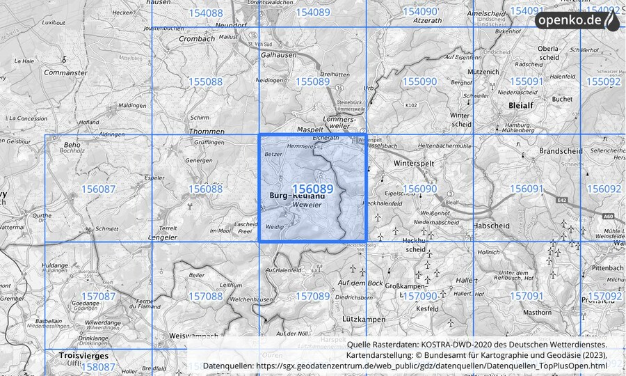 Übersichtskarte des KOSTRA-DWD-2020-Rasterfeldes Nr. 156089