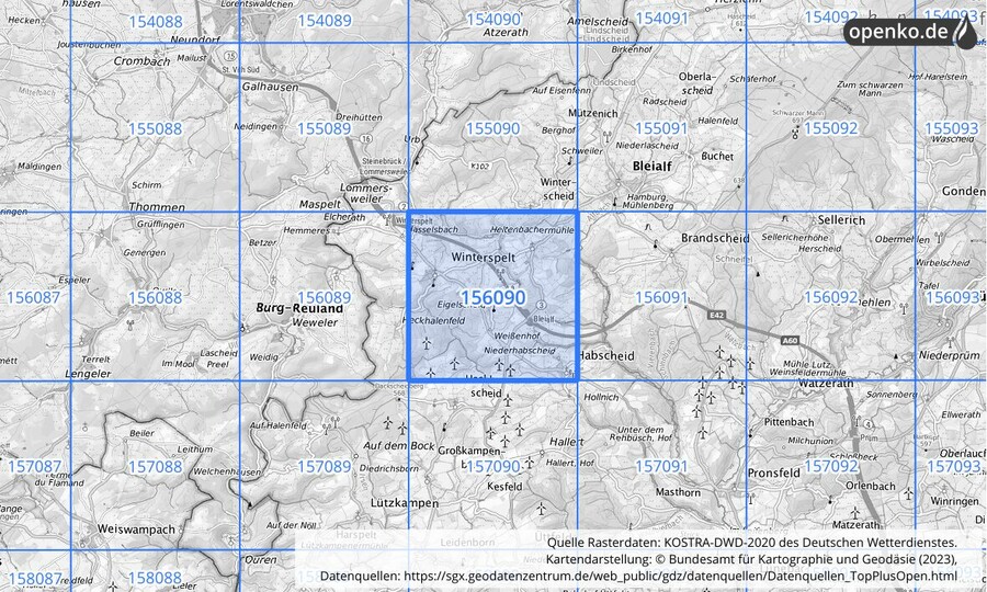 Übersichtskarte des KOSTRA-DWD-2020-Rasterfeldes Nr. 156090