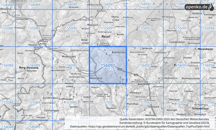Übersichtskarte des KOSTRA-DWD-2020-Rasterfeldes Nr. 156091