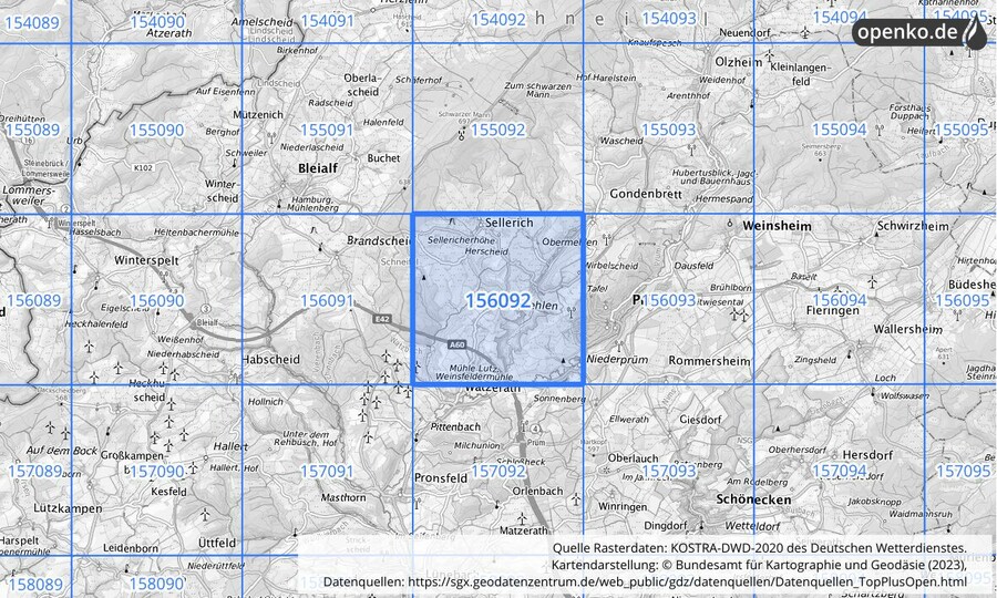 Übersichtskarte des KOSTRA-DWD-2020-Rasterfeldes Nr. 156092
