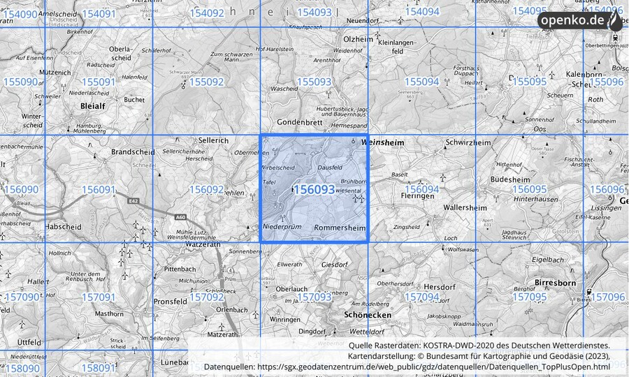 Übersichtskarte des KOSTRA-DWD-2020-Rasterfeldes Nr. 156093