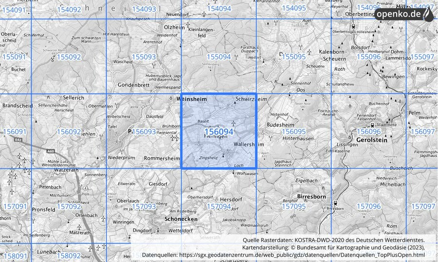 Übersichtskarte des KOSTRA-DWD-2020-Rasterfeldes Nr. 156094