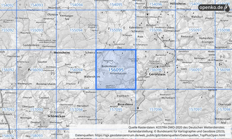 Übersichtskarte des KOSTRA-DWD-2020-Rasterfeldes Nr. 156095