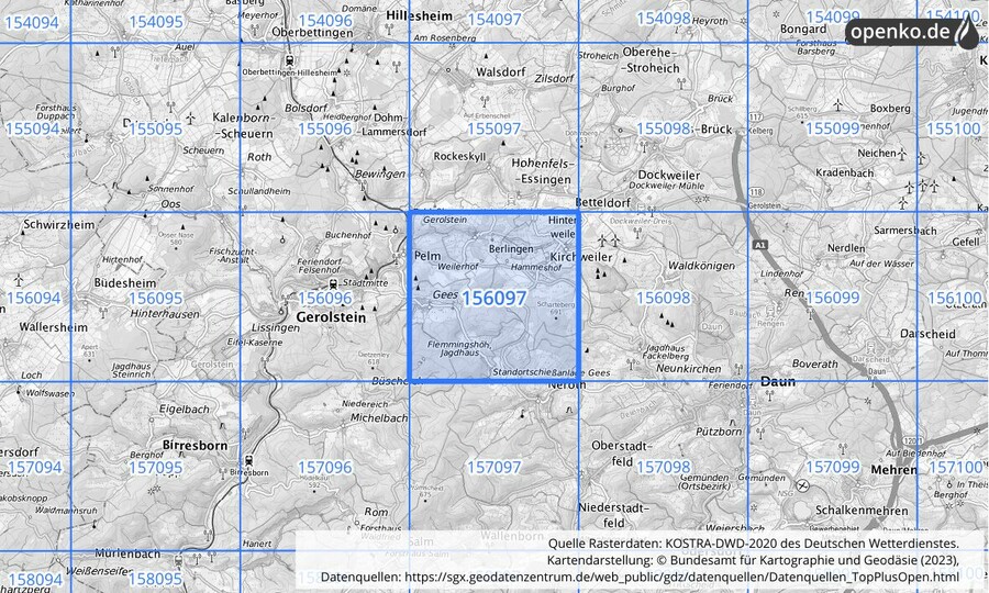 Übersichtskarte des KOSTRA-DWD-2020-Rasterfeldes Nr. 156097