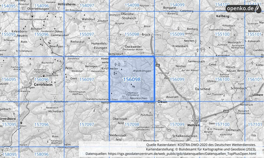 Übersichtskarte des KOSTRA-DWD-2020-Rasterfeldes Nr. 156098