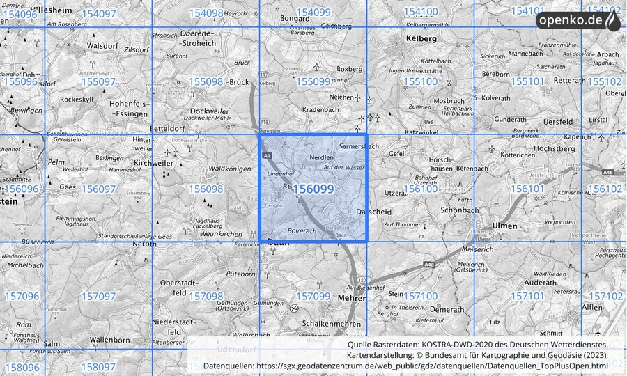 Übersichtskarte des KOSTRA-DWD-2020-Rasterfeldes Nr. 156099