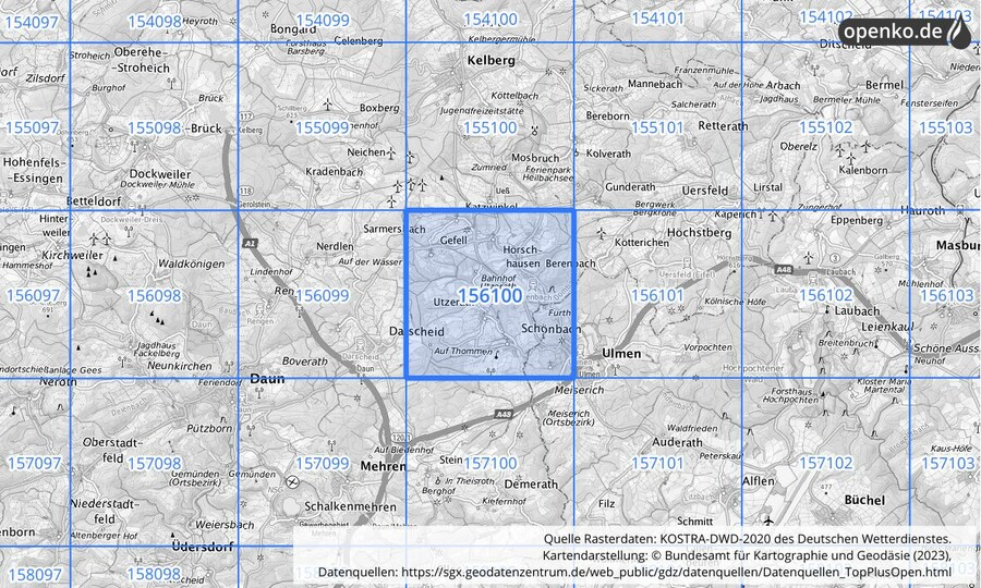 Übersichtskarte des KOSTRA-DWD-2020-Rasterfeldes Nr. 156100