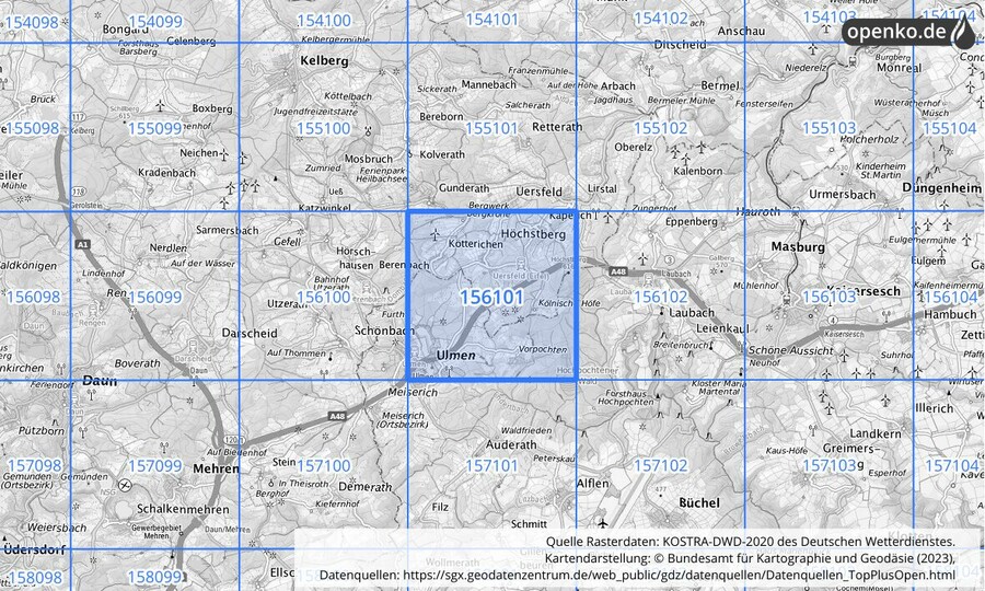 Übersichtskarte des KOSTRA-DWD-2020-Rasterfeldes Nr. 156101