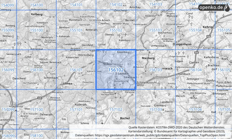 Übersichtskarte des KOSTRA-DWD-2020-Rasterfeldes Nr. 156102