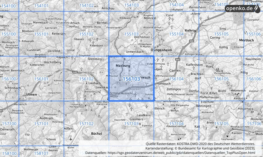 Übersichtskarte des KOSTRA-DWD-2020-Rasterfeldes Nr. 156103