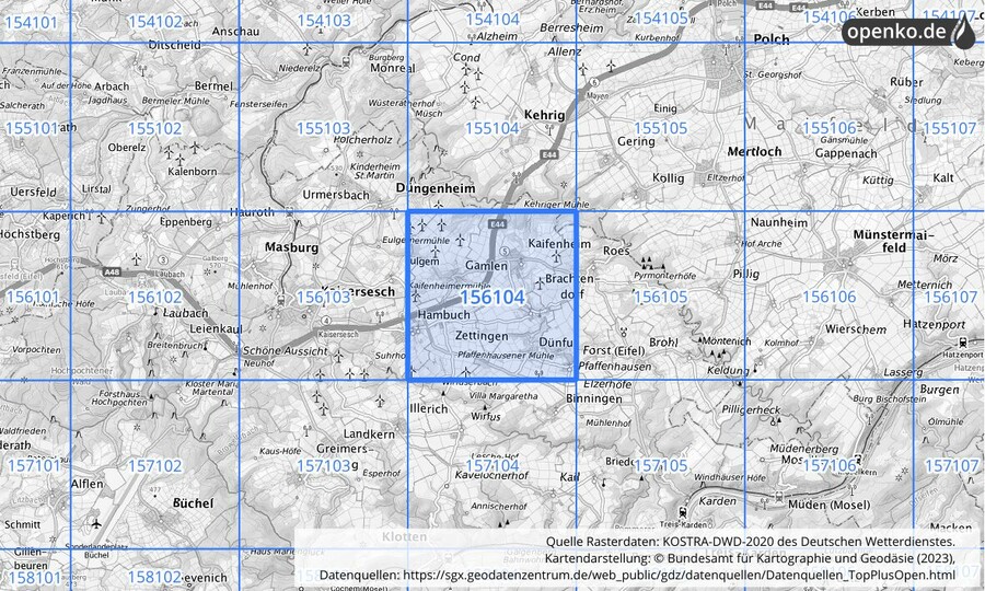 Übersichtskarte des KOSTRA-DWD-2020-Rasterfeldes Nr. 156104