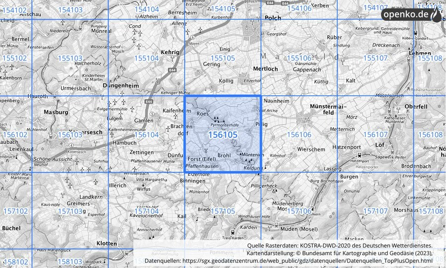 Übersichtskarte des KOSTRA-DWD-2020-Rasterfeldes Nr. 156105