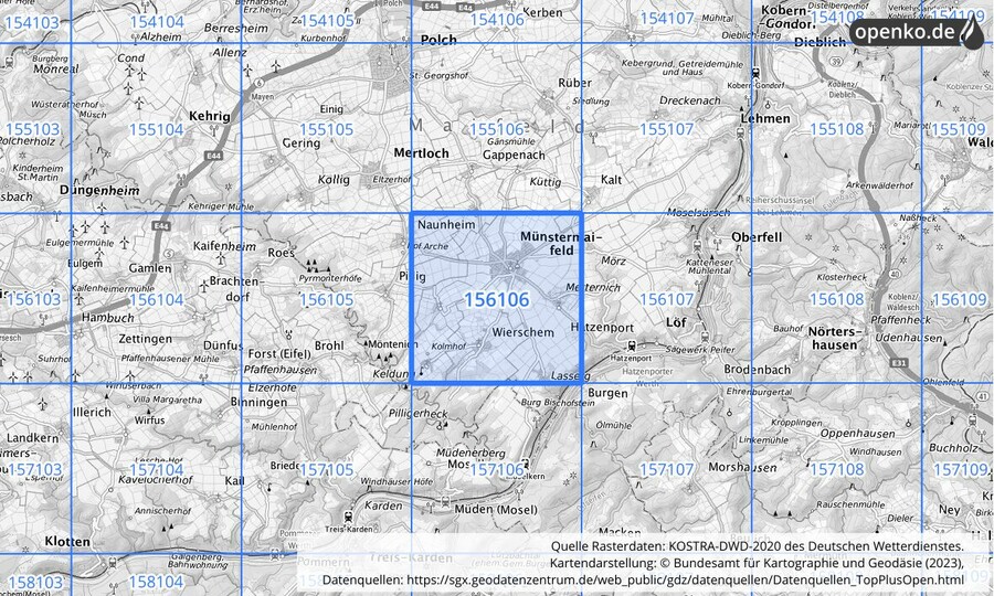 Übersichtskarte des KOSTRA-DWD-2020-Rasterfeldes Nr. 156106