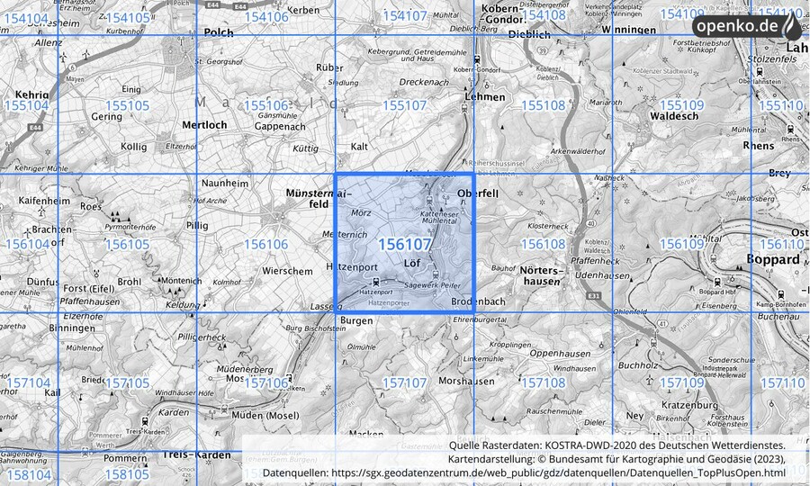 Übersichtskarte des KOSTRA-DWD-2020-Rasterfeldes Nr. 156107