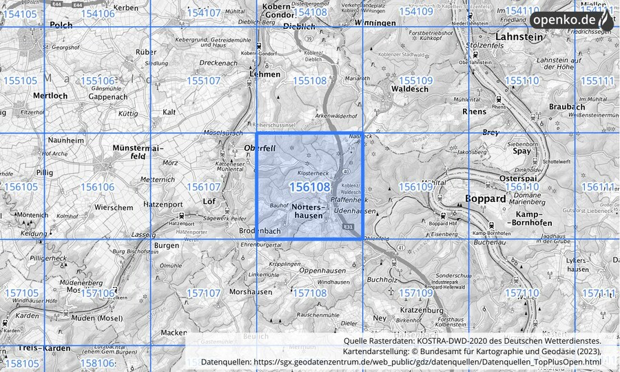 Übersichtskarte des KOSTRA-DWD-2020-Rasterfeldes Nr. 156108