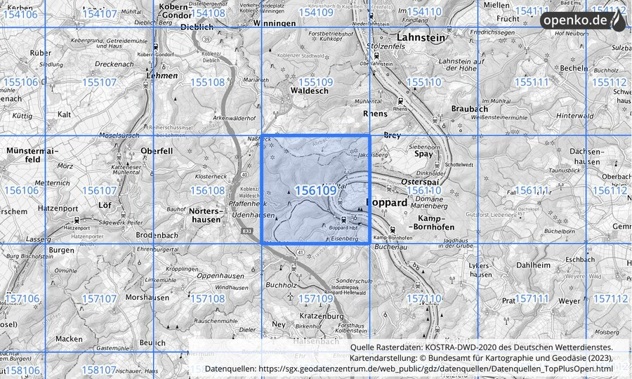 Übersichtskarte des KOSTRA-DWD-2020-Rasterfeldes Nr. 156109