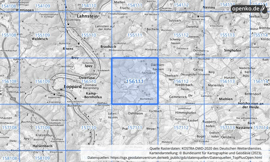 Übersichtskarte des KOSTRA-DWD-2020-Rasterfeldes Nr. 156111
