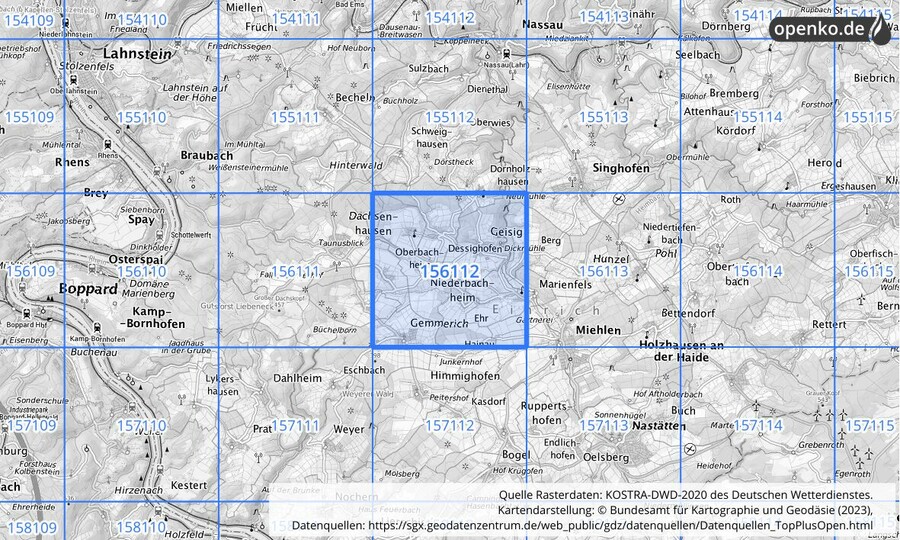 Übersichtskarte des KOSTRA-DWD-2020-Rasterfeldes Nr. 156112