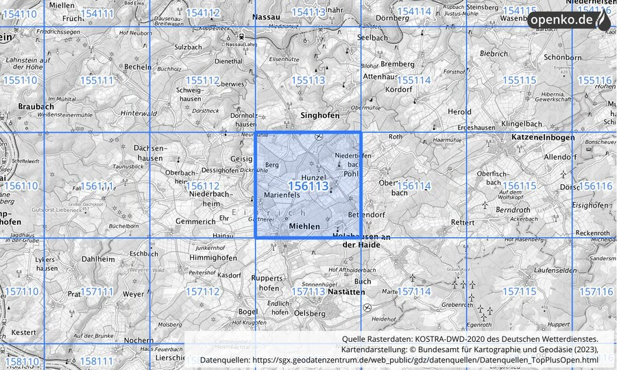 Übersichtskarte des KOSTRA-DWD-2020-Rasterfeldes Nr. 156113