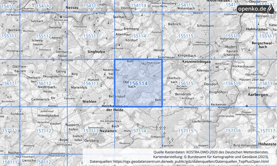 Übersichtskarte des KOSTRA-DWD-2020-Rasterfeldes Nr. 156114