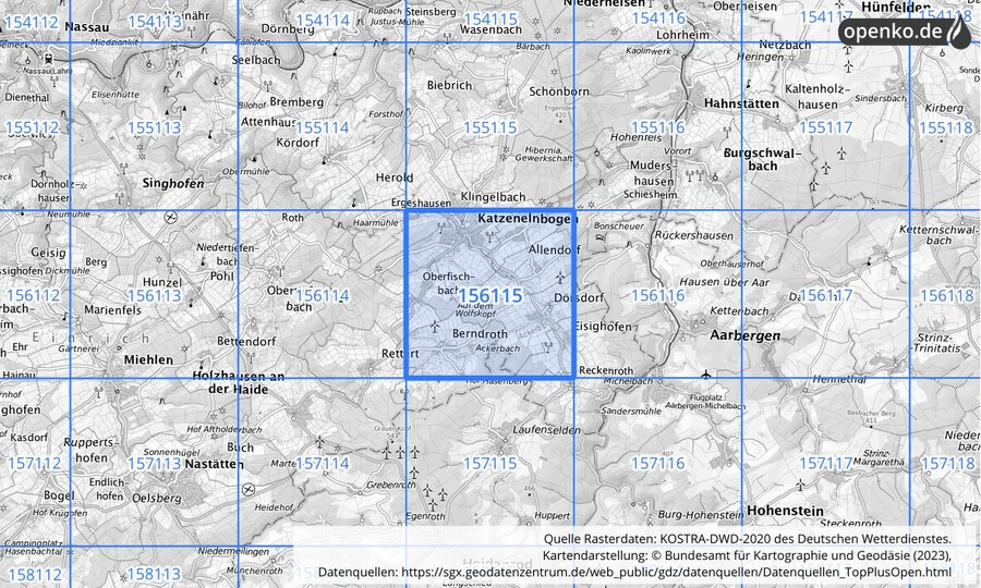 Übersichtskarte des KOSTRA-DWD-2020-Rasterfeldes Nr. 156115