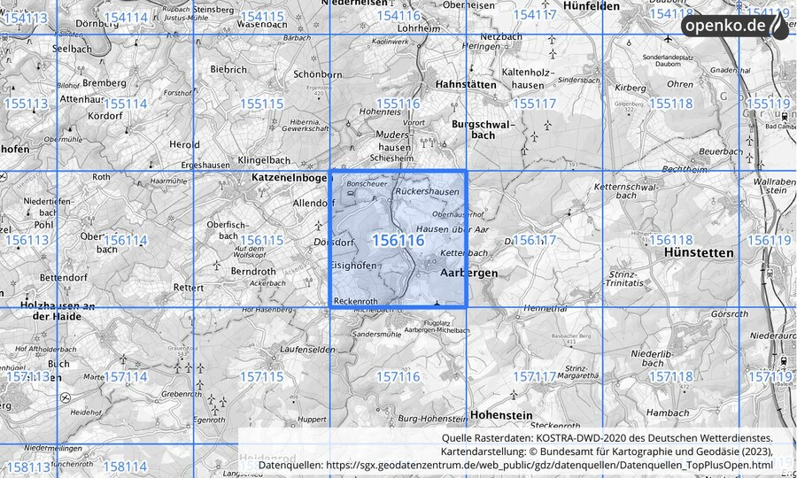 Übersichtskarte des KOSTRA-DWD-2020-Rasterfeldes Nr. 156116