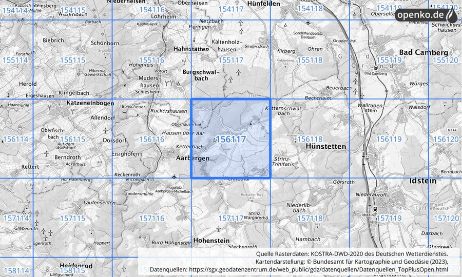 Übersichtskarte des KOSTRA-DWD-2020-Rasterfeldes Nr. 156117