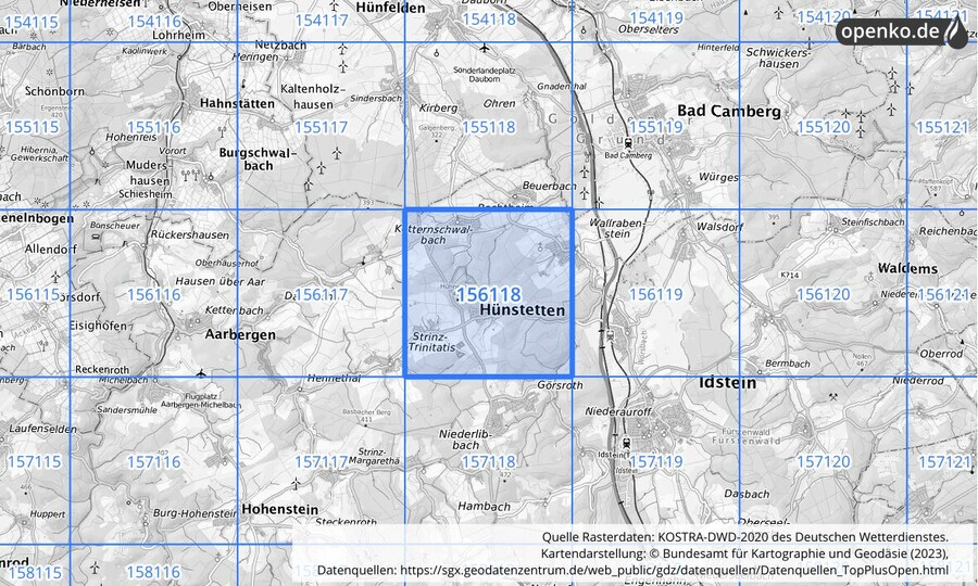 Übersichtskarte des KOSTRA-DWD-2020-Rasterfeldes Nr. 156118