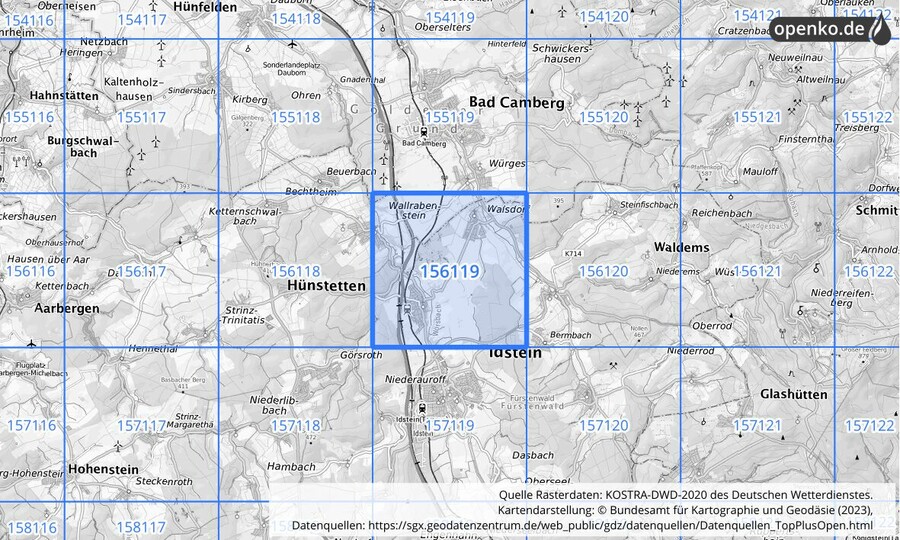 Übersichtskarte des KOSTRA-DWD-2020-Rasterfeldes Nr. 156119