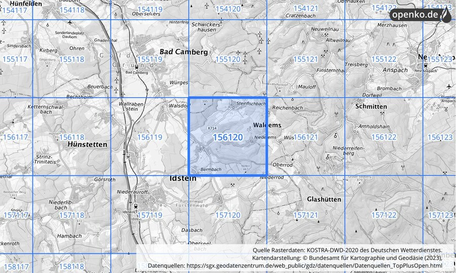 Übersichtskarte des KOSTRA-DWD-2020-Rasterfeldes Nr. 156120