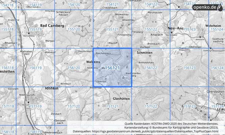 Übersichtskarte des KOSTRA-DWD-2020-Rasterfeldes Nr. 156121