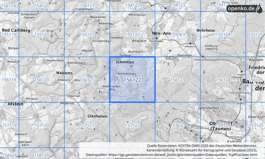 Übersichtskarte des KOSTRA-DWD-2020-Rasterfeldes Nr. 156122