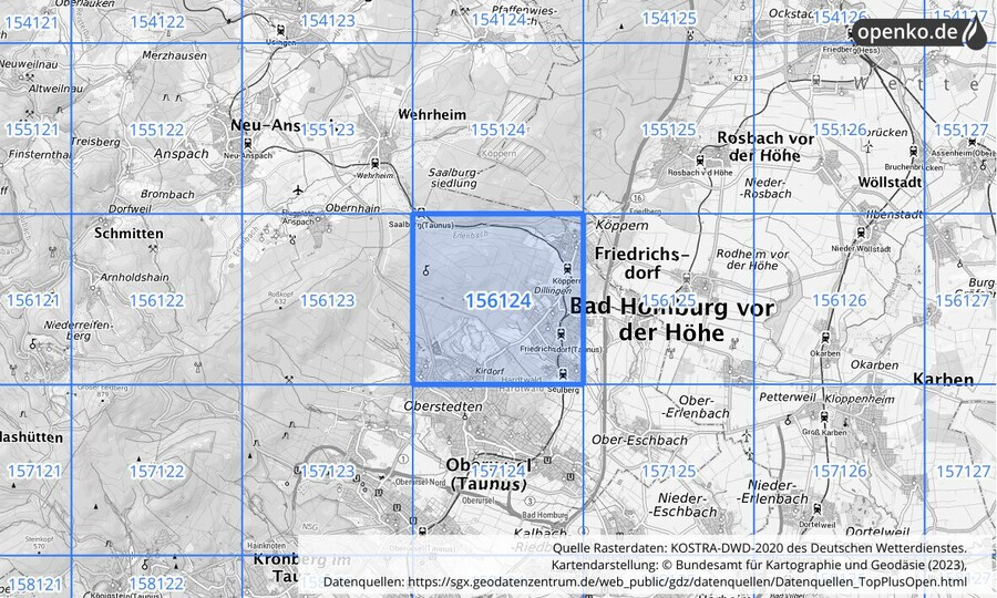 Übersichtskarte des KOSTRA-DWD-2020-Rasterfeldes Nr. 156124