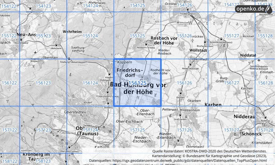 Übersichtskarte des KOSTRA-DWD-2020-Rasterfeldes Nr. 156125