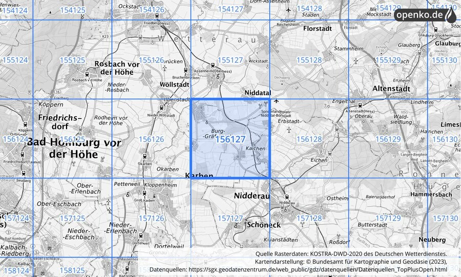 Übersichtskarte des KOSTRA-DWD-2020-Rasterfeldes Nr. 156127