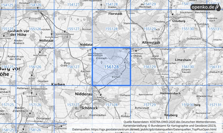 Übersichtskarte des KOSTRA-DWD-2020-Rasterfeldes Nr. 156128