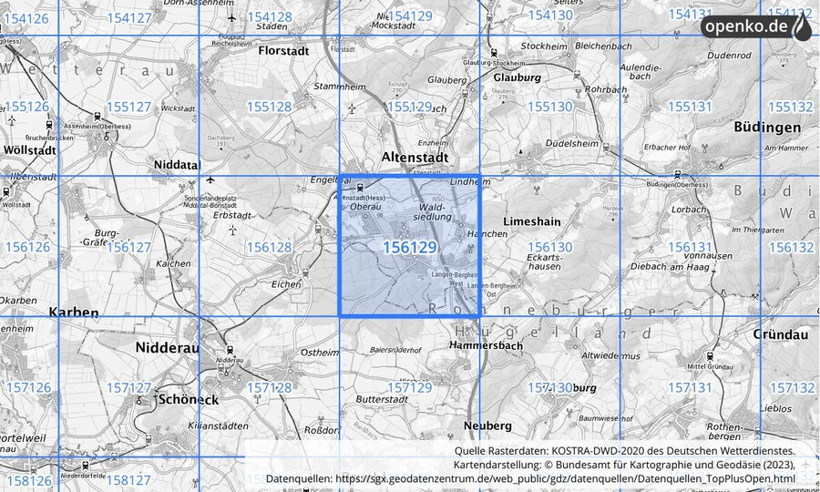 Übersichtskarte des KOSTRA-DWD-2020-Rasterfeldes Nr. 156129