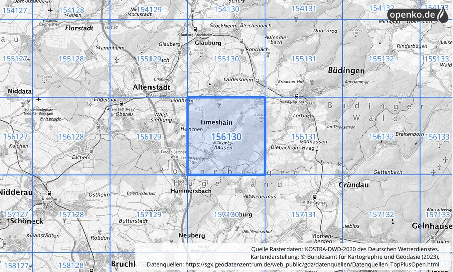 Übersichtskarte des KOSTRA-DWD-2020-Rasterfeldes Nr. 156130