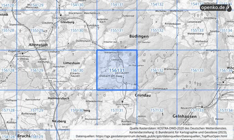 Übersichtskarte des KOSTRA-DWD-2020-Rasterfeldes Nr. 156131