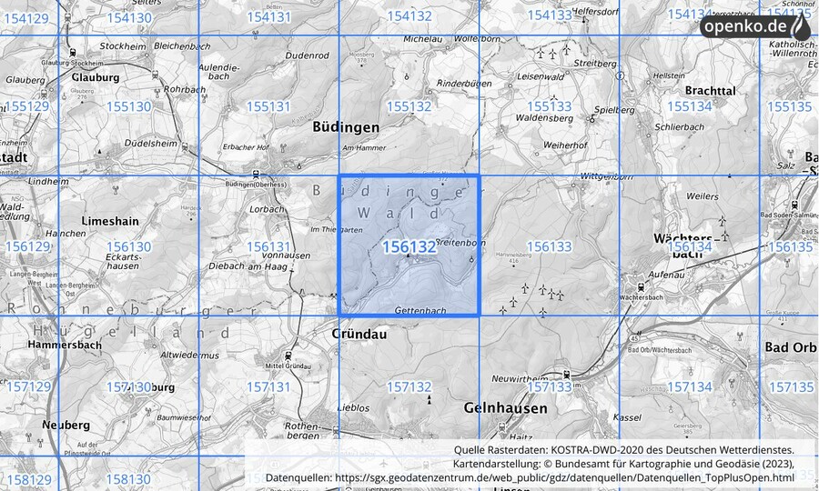 Übersichtskarte des KOSTRA-DWD-2020-Rasterfeldes Nr. 156132