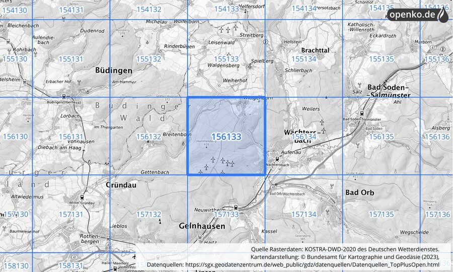 Übersichtskarte des KOSTRA-DWD-2020-Rasterfeldes Nr. 156133