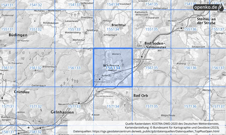 Übersichtskarte des KOSTRA-DWD-2020-Rasterfeldes Nr. 156134