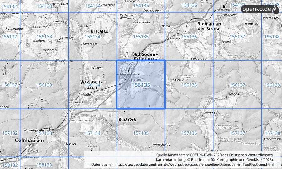 Übersichtskarte des KOSTRA-DWD-2020-Rasterfeldes Nr. 156135