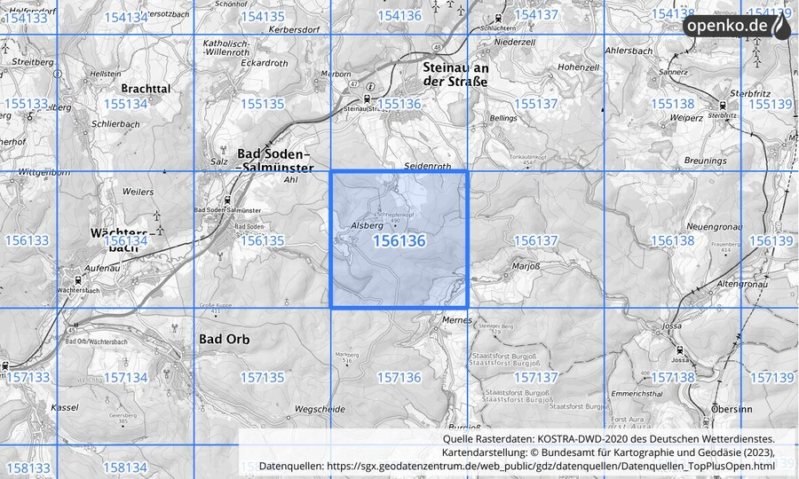 Übersichtskarte des KOSTRA-DWD-2020-Rasterfeldes Nr. 156136