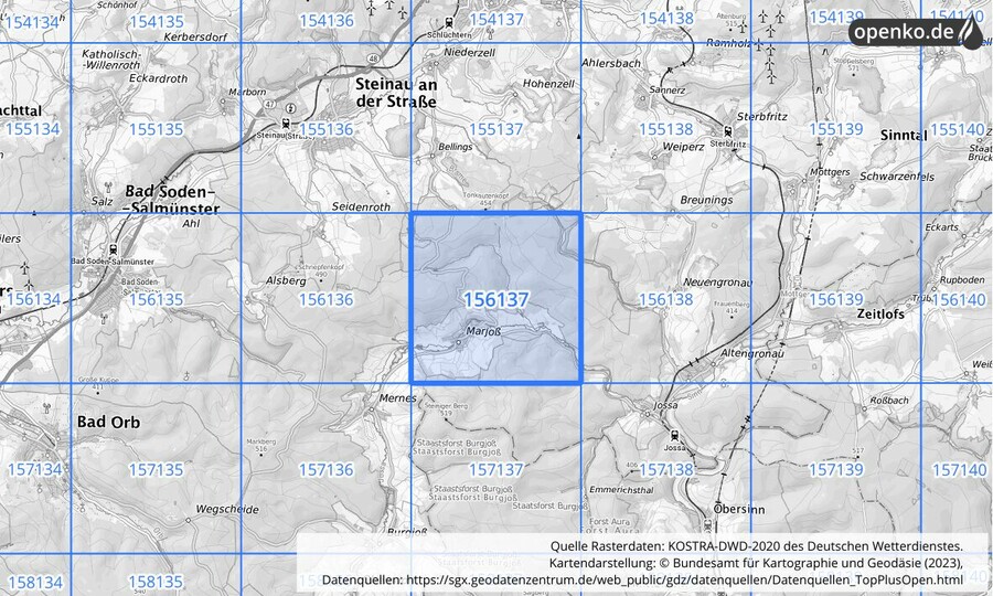 Übersichtskarte des KOSTRA-DWD-2020-Rasterfeldes Nr. 156137