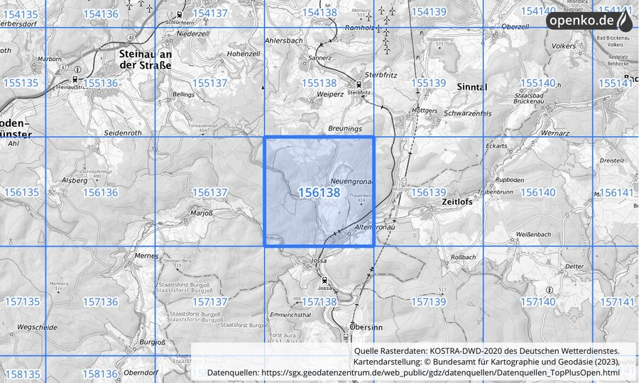 Übersichtskarte des KOSTRA-DWD-2020-Rasterfeldes Nr. 156138