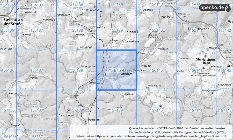 Übersichtskarte des KOSTRA-DWD-2020-Rasterfeldes Nr. 156139