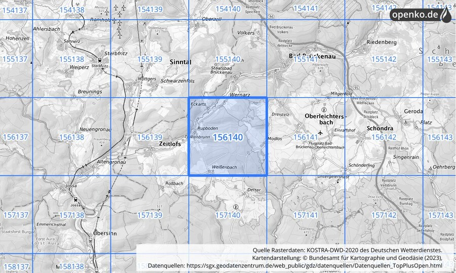 Übersichtskarte des KOSTRA-DWD-2020-Rasterfeldes Nr. 156140