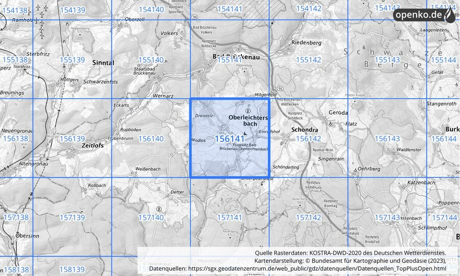 Übersichtskarte des KOSTRA-DWD-2020-Rasterfeldes Nr. 156141